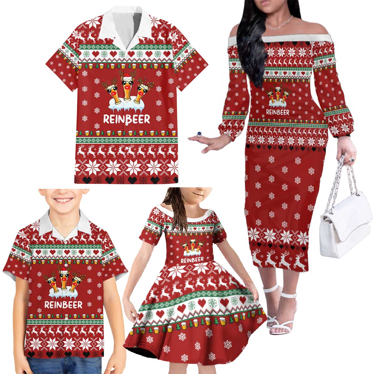 Funny Reindeer Reinbeer Christmas Family Matching Off The Shoulder Long Sleeve Dress and Hawaiian Shirt Xmas Holiday Patterns - Wonder Print Shop