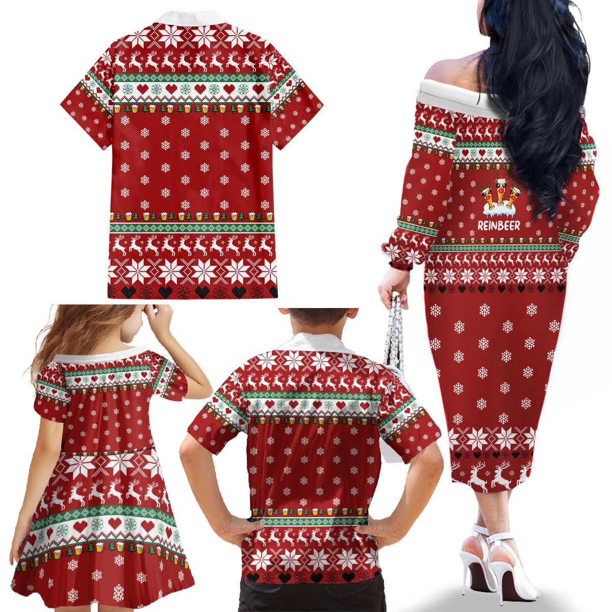 Funny Reindeer Reinbeer Christmas Family Matching Off The Shoulder Long Sleeve Dress and Hawaiian Shirt Xmas Holiday Patterns - Wonder Print Shop