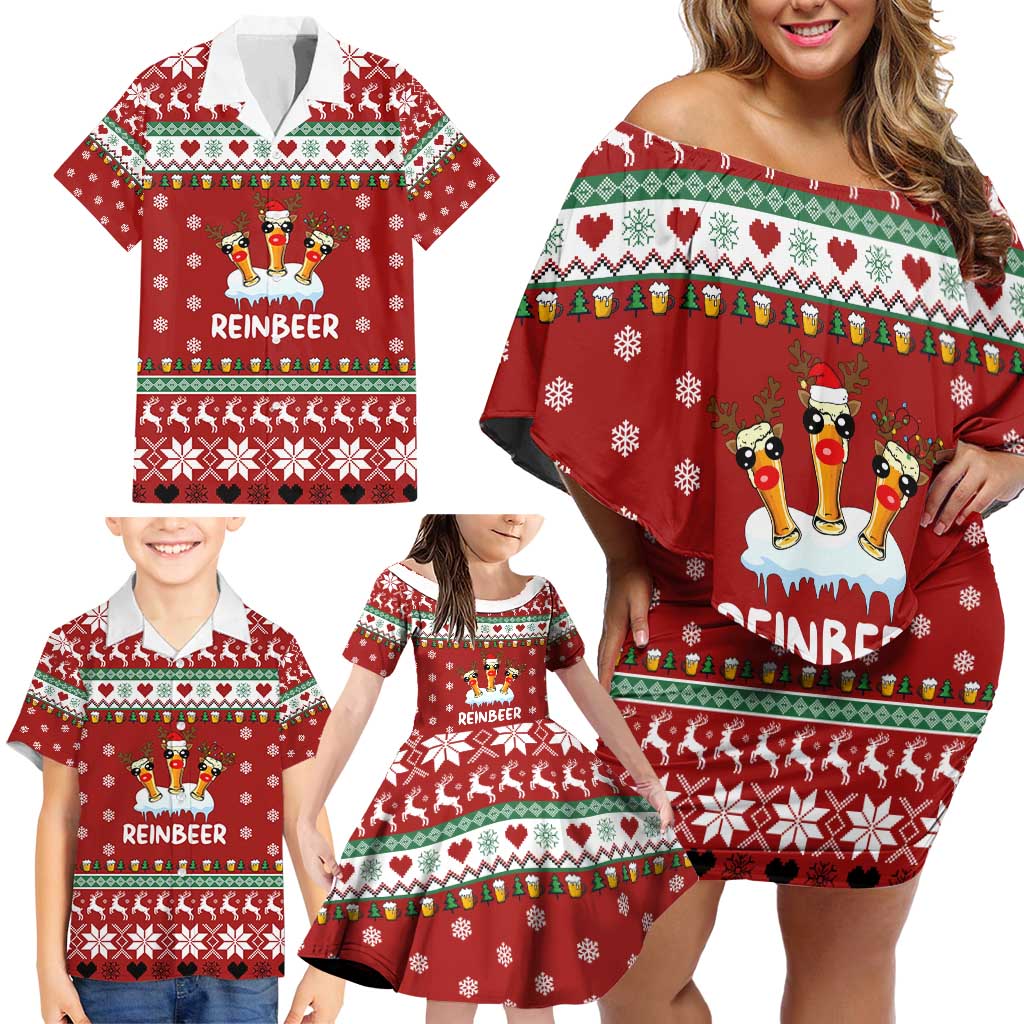 Funny Reindeer Reinbeer Christmas Family Matching Off Shoulder Short Dress and Hawaiian Shirt Xmas Holiday Patterns - Wonder Print Shop
