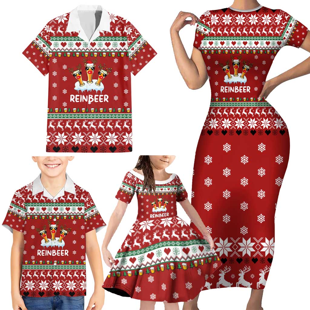 Funny Reindeer Reinbeer Christmas Family Matching Short Sleeve Bodycon Dress and Hawaiian Shirt Xmas Holiday Patterns - Wonder Print Shop