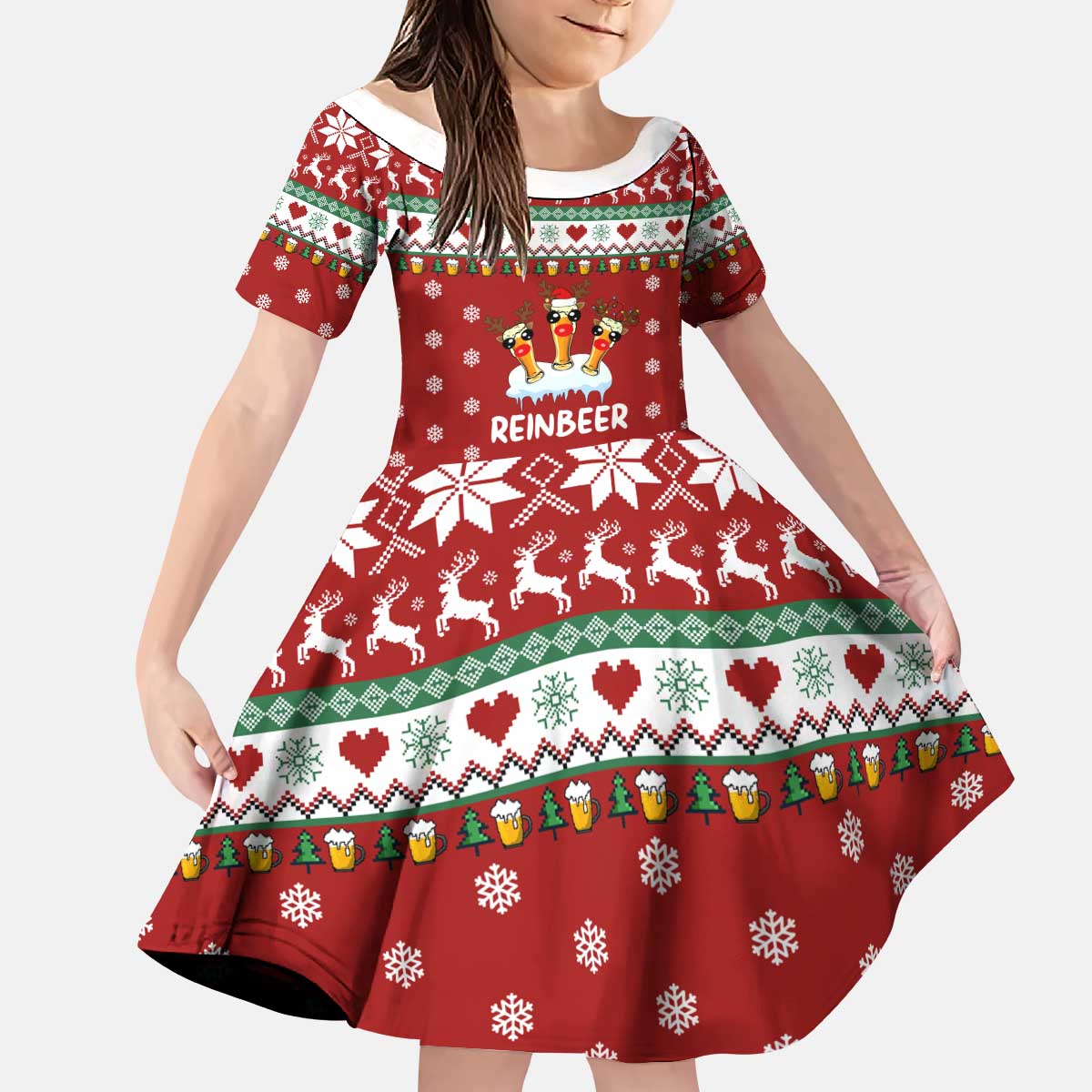 Funny Reindeer Reinbeer Christmas Kid Short Sleeve Dress Xmas Holiday Patterns - Wonder Print Shop