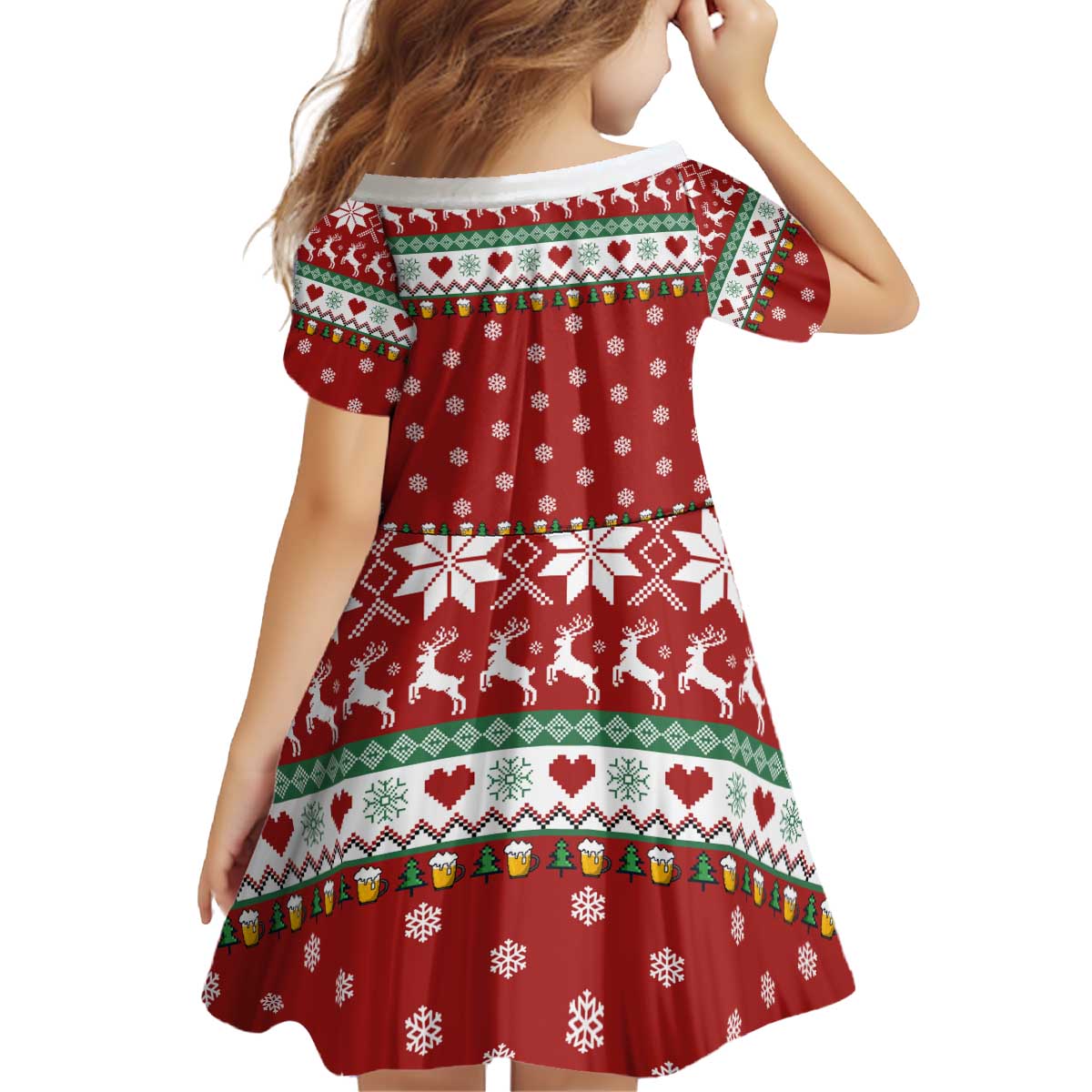 Funny Reindeer Reinbeer Christmas Kid Short Sleeve Dress Xmas Holiday Patterns - Wonder Print Shop