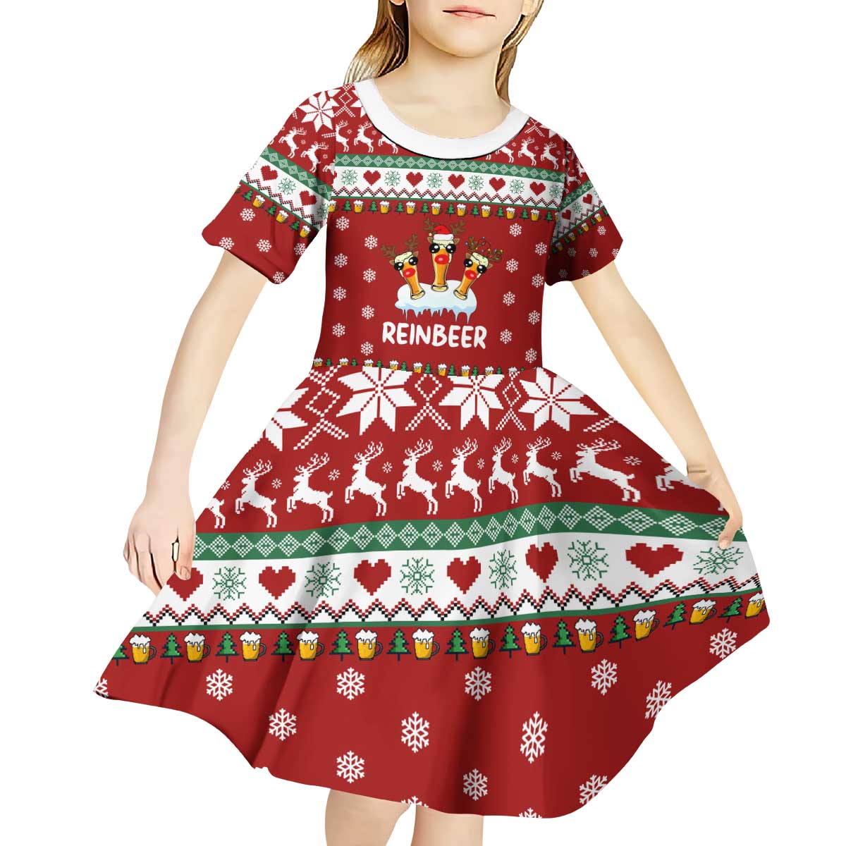 Funny Reindeer Reinbeer Christmas Kid Short Sleeve Dress Xmas Holiday Patterns - Wonder Print Shop