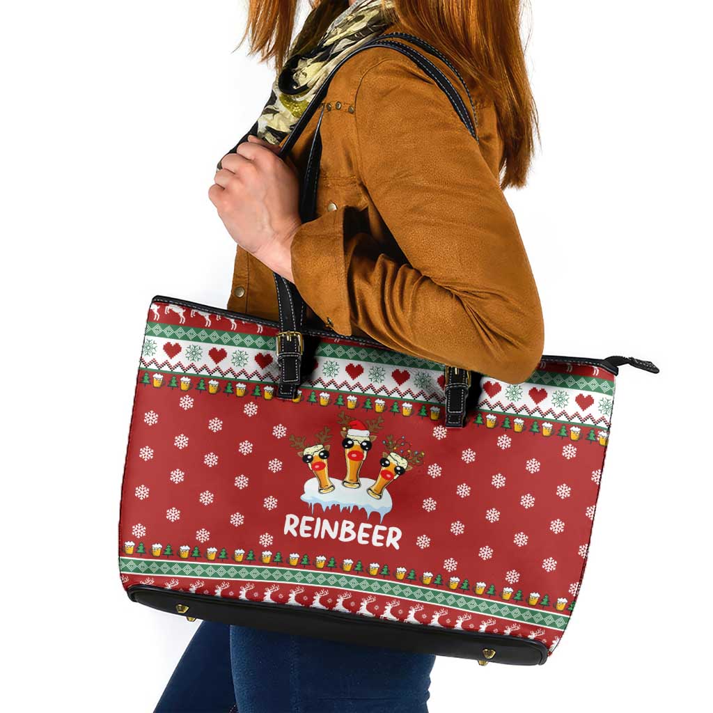 Funny Reindeer Reinbeer Christmas Leather Tote Bag Xmas Holiday Patterns - Wonder Print Shop