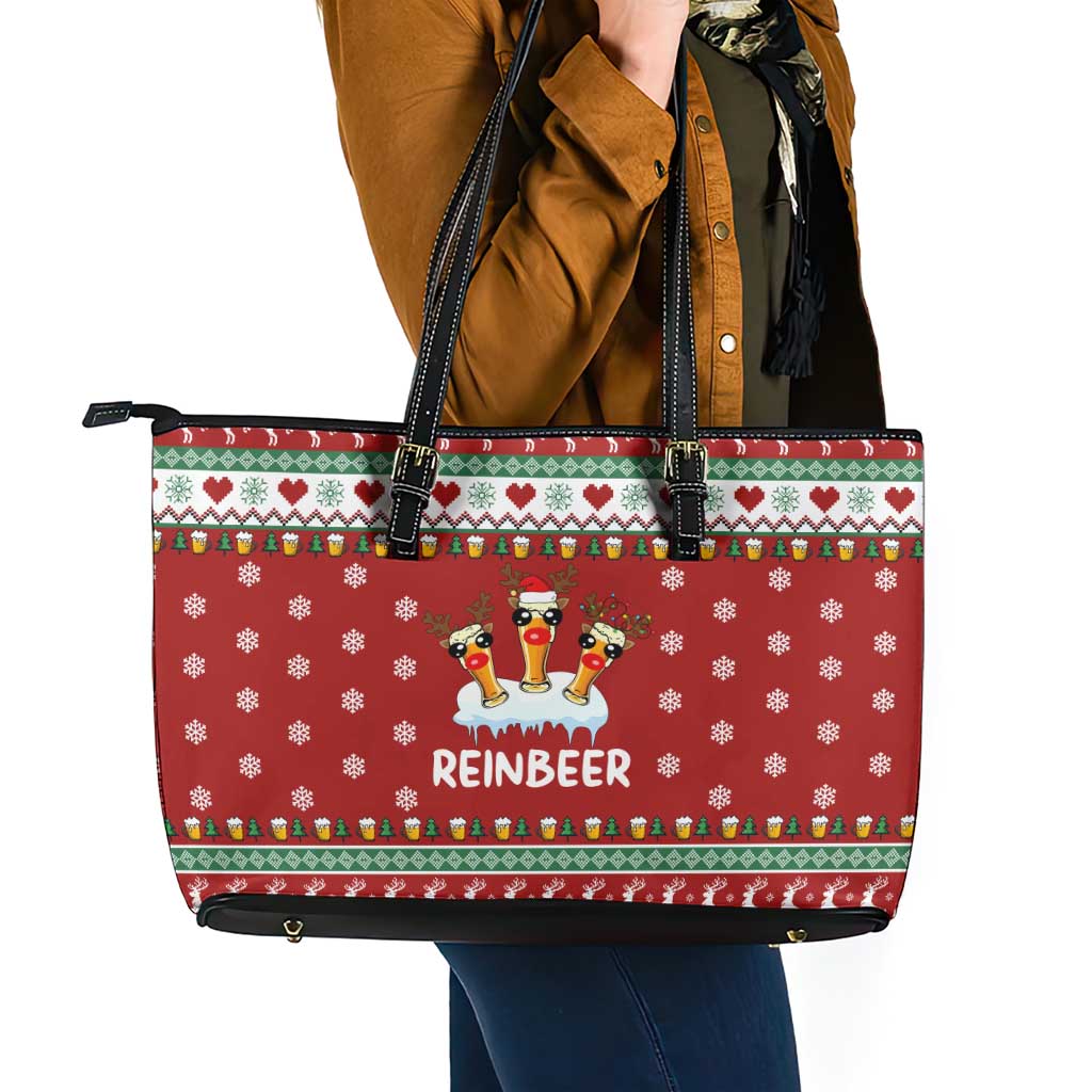 Funny Reindeer Reinbeer Christmas Leather Tote Bag Xmas Holiday Patterns - Wonder Print Shop