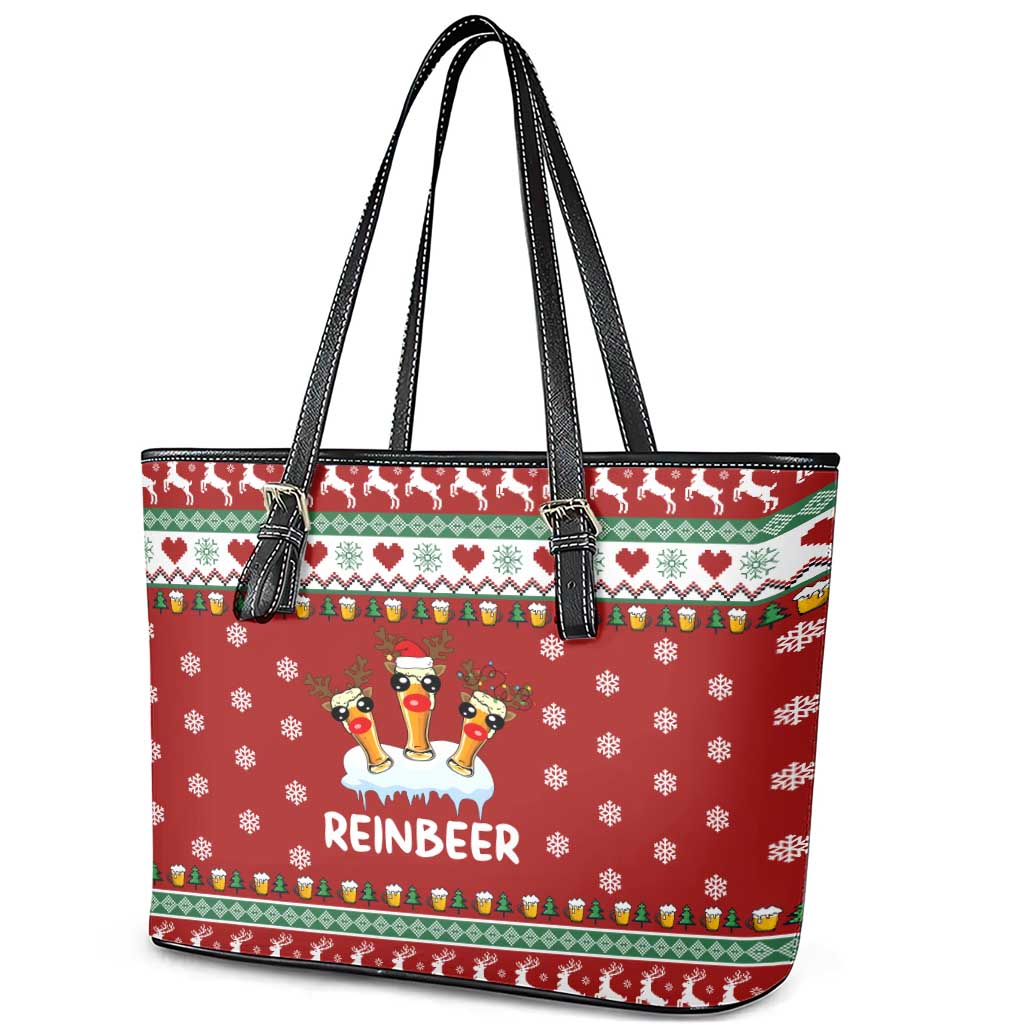 Funny Reindeer Reinbeer Christmas Leather Tote Bag Xmas Holiday Patterns - Wonder Print Shop