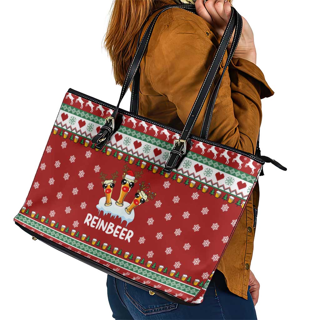 Funny Reindeer Reinbeer Christmas Leather Tote Bag Xmas Holiday Patterns - Wonder Print Shop
