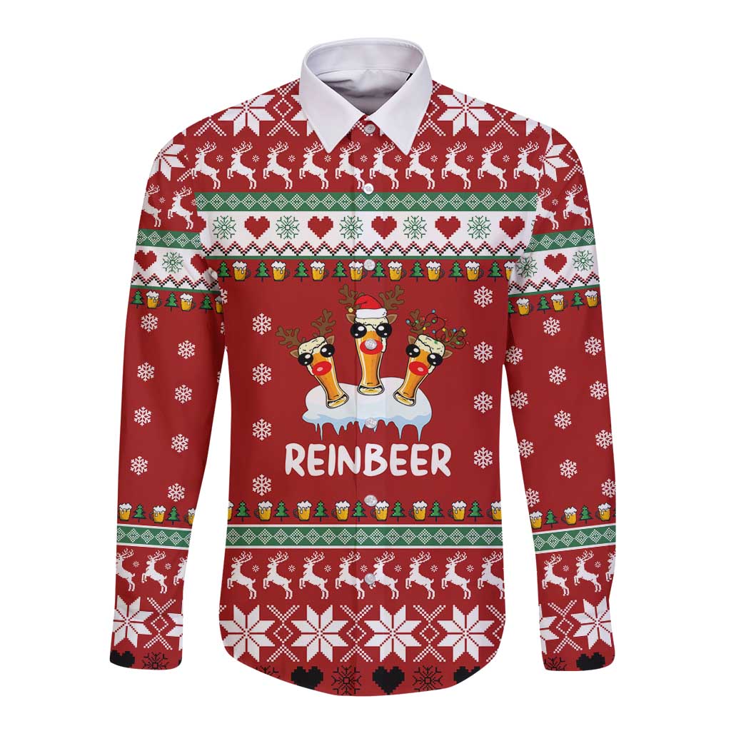 Funny Reindeer Reinbeer Christmas Long Sleeve Button Shirt Xmas Holiday Patterns - Wonder Print Shop