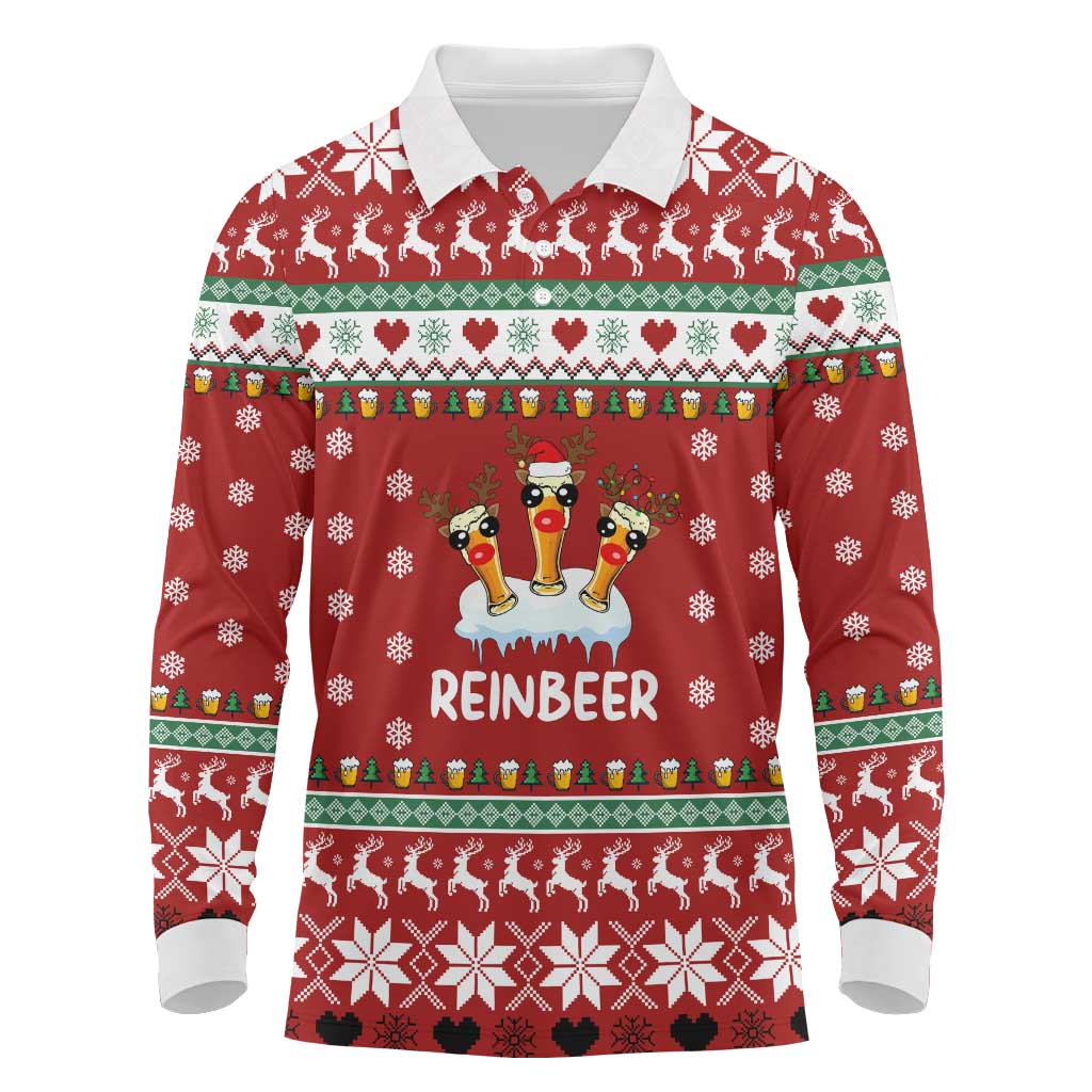 Funny Reindeer Reinbeer Christmas Long Sleeve Polo Shirt Xmas Holiday Patterns - Wonder Print Shop