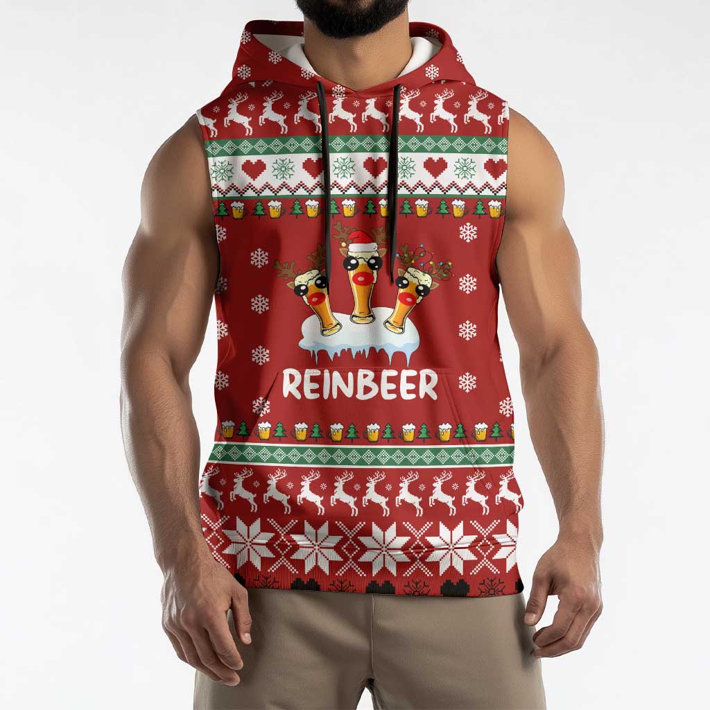Funny Reindeer Reinbeer Christmas Sleeveless Hoodie Xmas Holiday Patterns - Wonder Print Shop