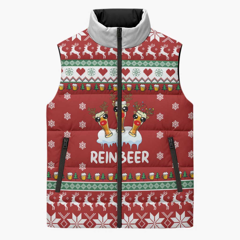 Funny Reindeer Reinbeer Christmas Sleeveless Puffer Jacket Xmas Holiday Patterns - Wonder Print Shop