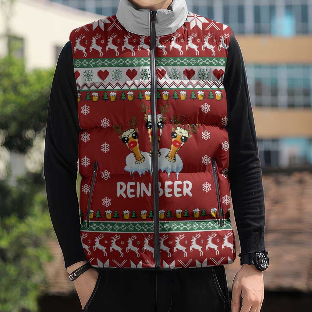 Funny Reindeer Reinbeer Christmas Sleeveless Puffer Jacket Xmas Holiday Patterns - Wonder Print Shop