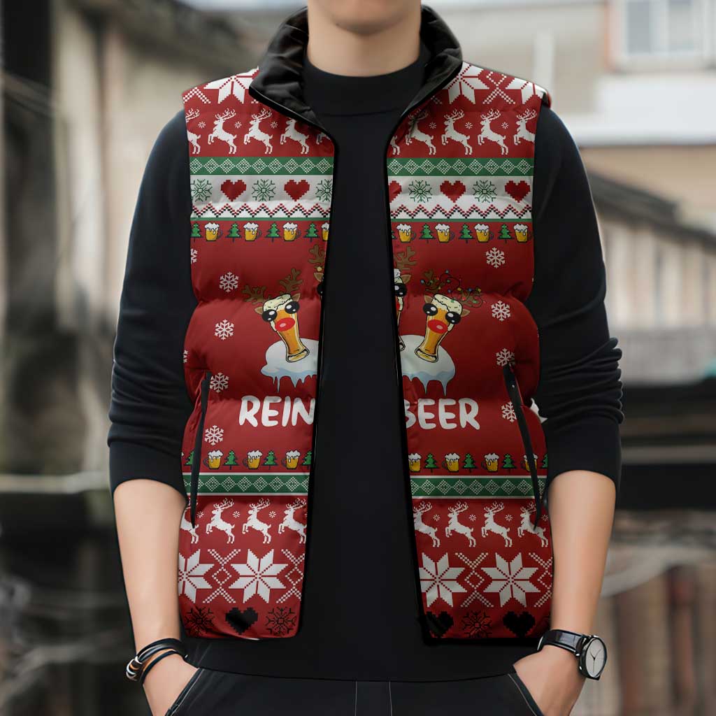 Funny Reindeer Reinbeer Christmas Sleeveless Puffer Jacket Xmas Holiday Patterns - Wonder Print Shop