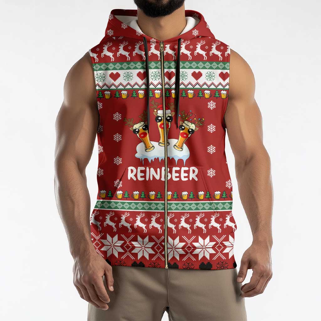 Funny Reindeer Reinbeer Christmas Sleeveless Zip Hoodie Xmas Holiday Patterns - Wonder Print Shop