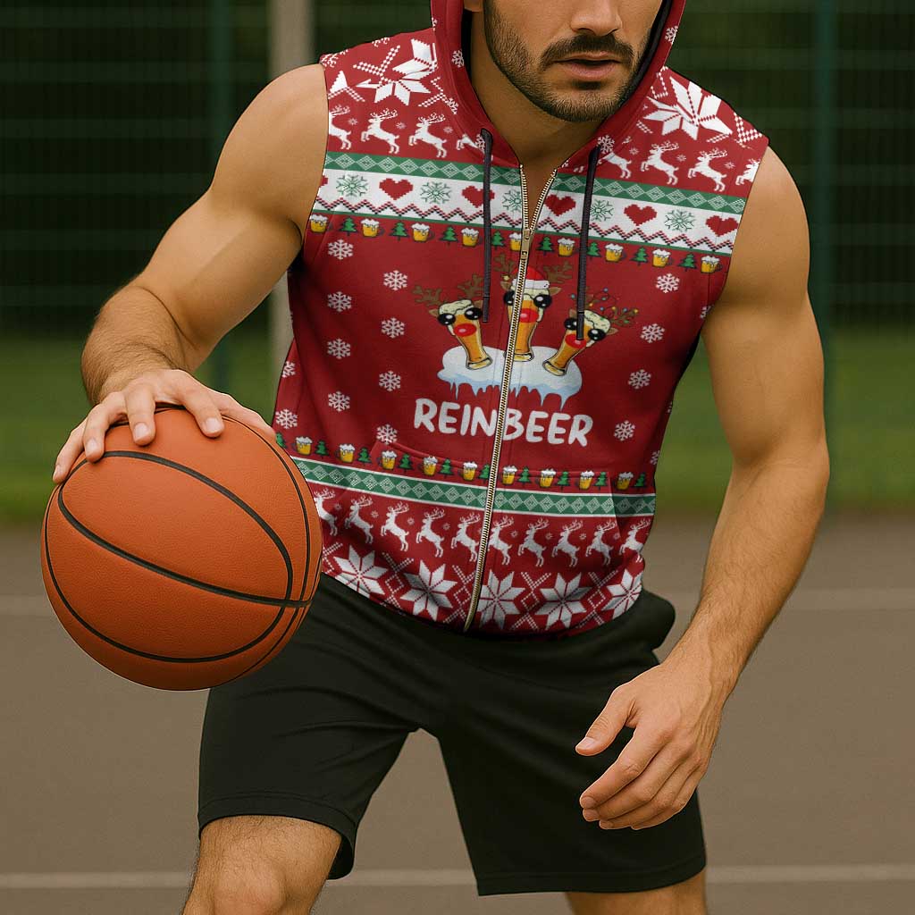 Funny Reindeer Reinbeer Christmas Sleeveless Zip Hoodie Xmas Holiday Patterns - Wonder Print Shop