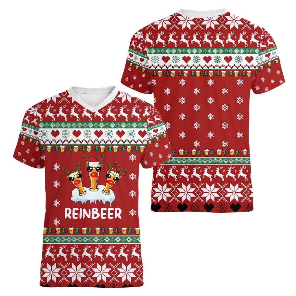 Funny Reindeer Reinbeer Christmas Women V-Neck T-Shirt Xmas Holiday Patterns - Wonder Print Shop