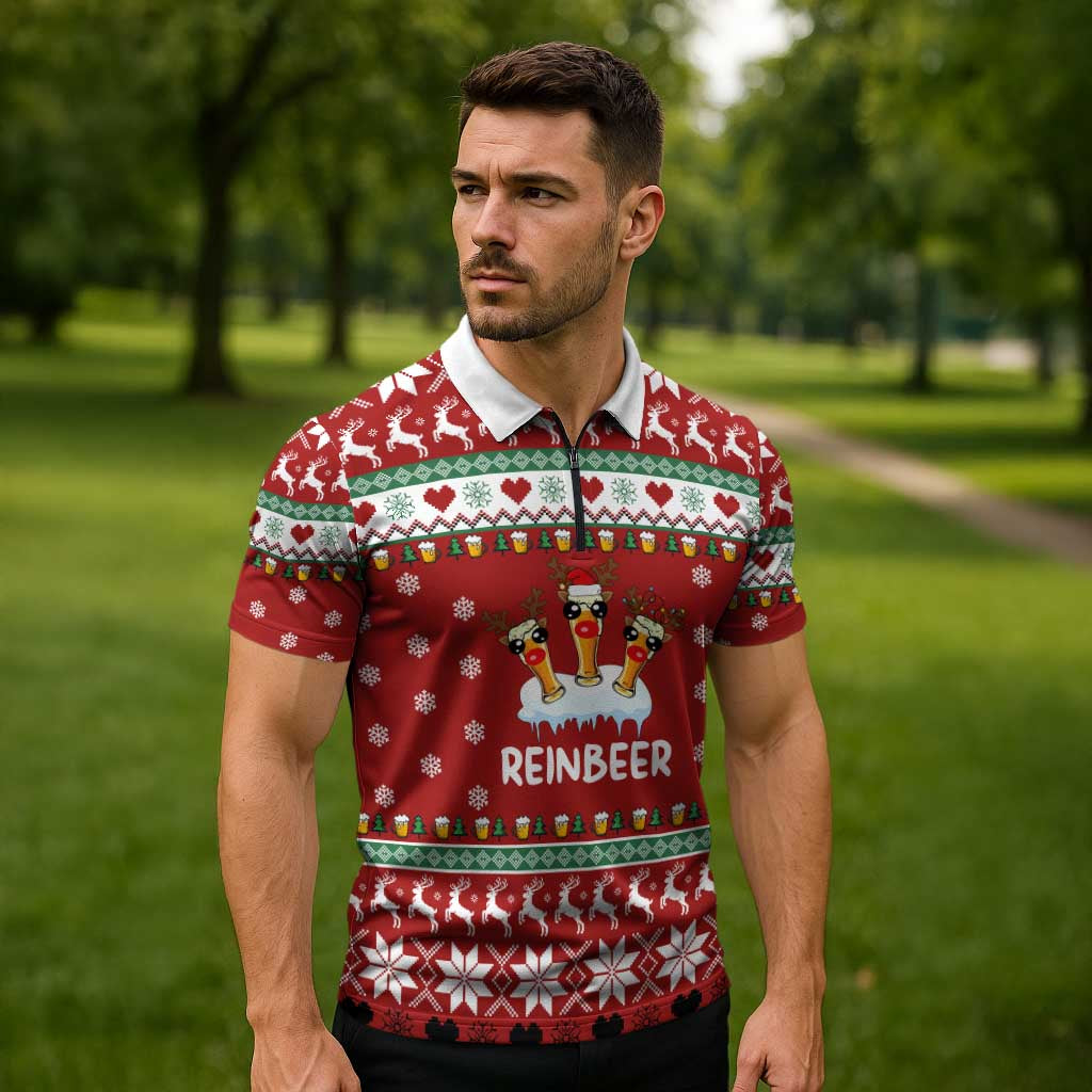 Funny Reindeer Reinbeer Christmas Zipper Polo Shirt Xmas Holiday Patterns - Wonder Print Shop