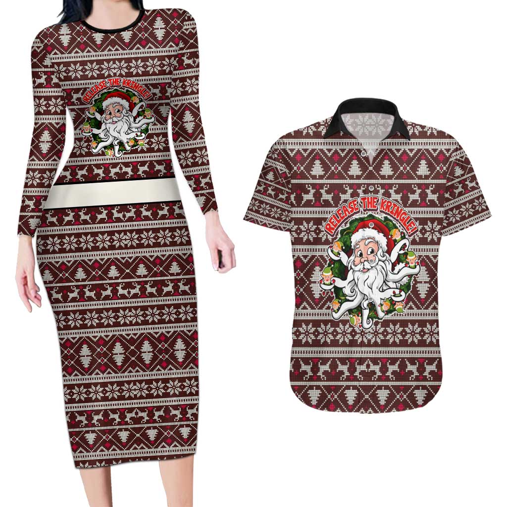 Funny Santa Claus Release The Kringle Christmas Couples Matching Long Sleeve Bodycon Dress and Hawaiian Shirt Xmas Holiday Patterns - Wonder Print Shop