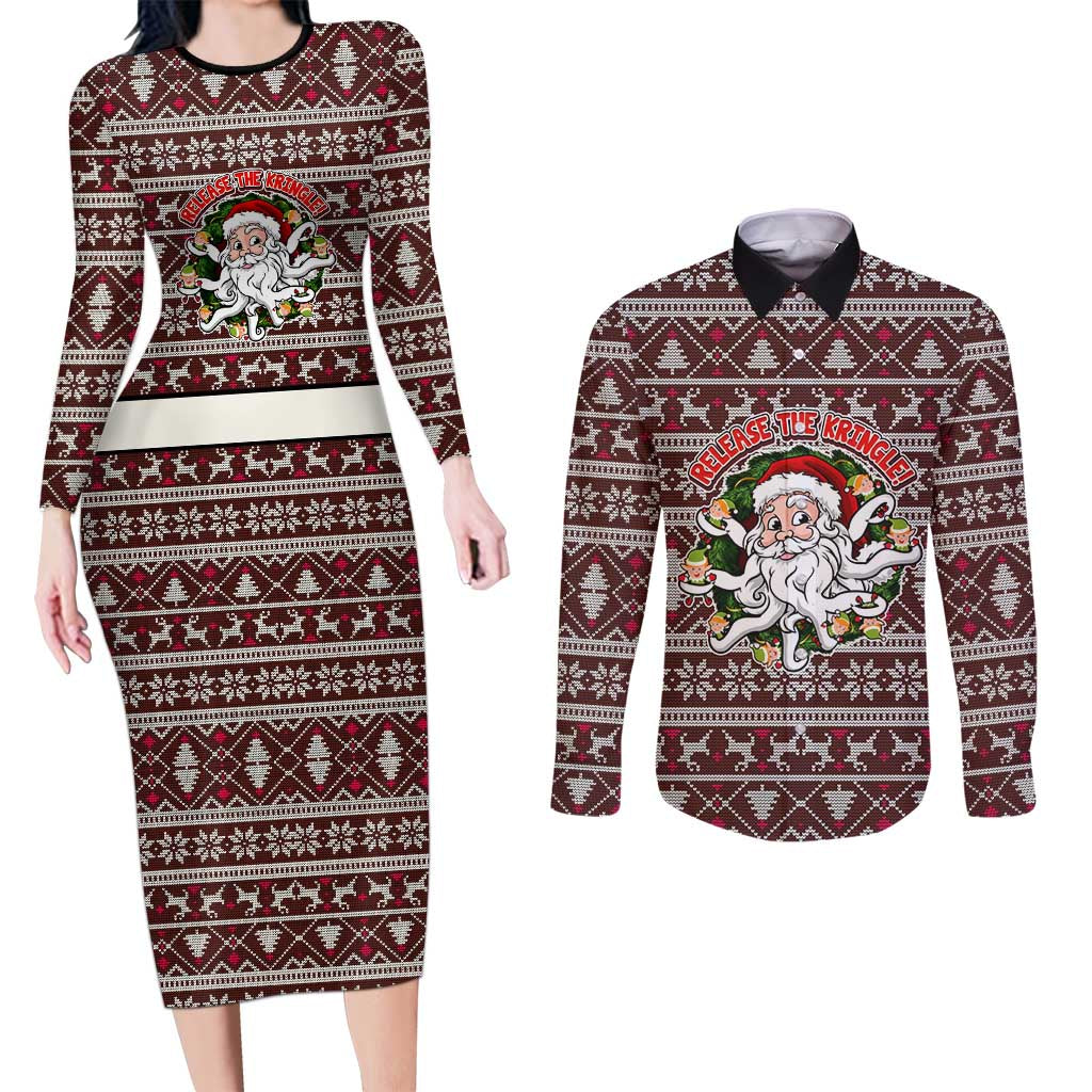 Funny Santa Claus Release The Kringle Christmas Couples Matching Long Sleeve Bodycon Dress and Long Sleeve Button Shirt Xmas Holiday Patterns - Wonder Print Shop