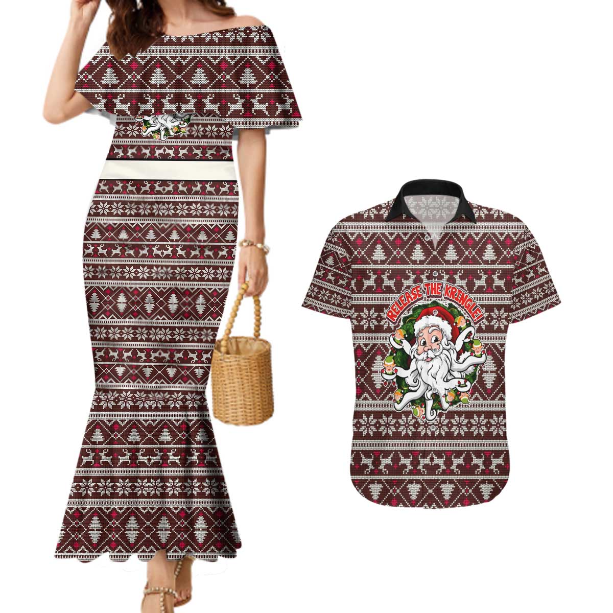 Funny Santa Claus Release The Kringle Christmas Couples Matching Mermaid Dress and Hawaiian Shirt Xmas Holiday Patterns - Wonder Print Shop