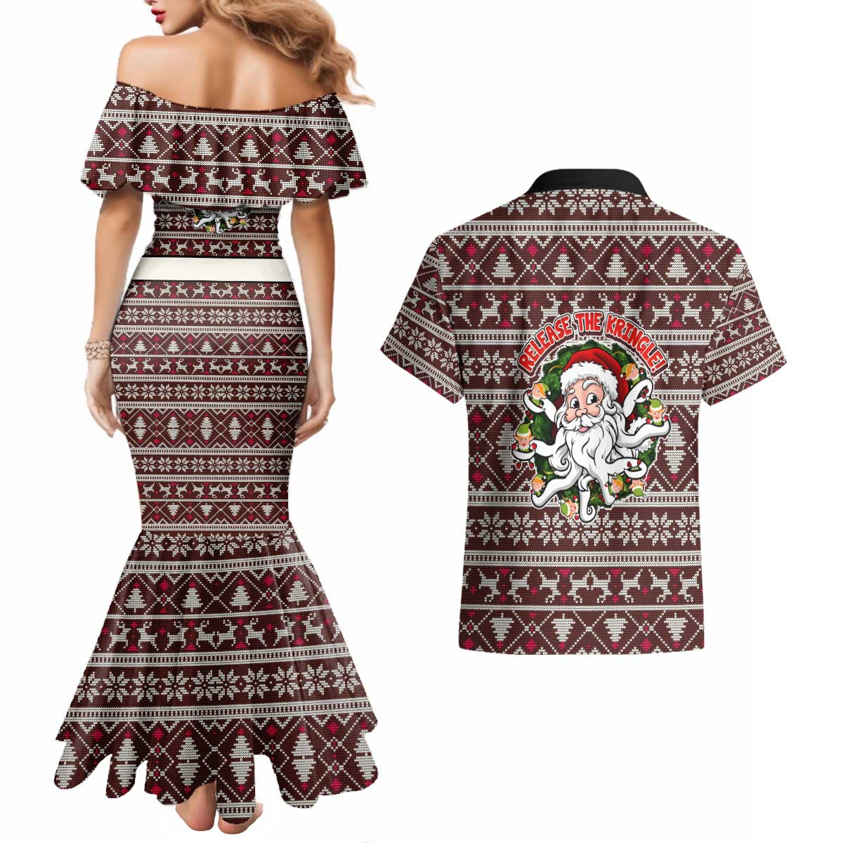 Funny Santa Claus Release The Kringle Christmas Couples Matching Mermaid Dress and Hawaiian Shirt Xmas Holiday Patterns - Wonder Print Shop