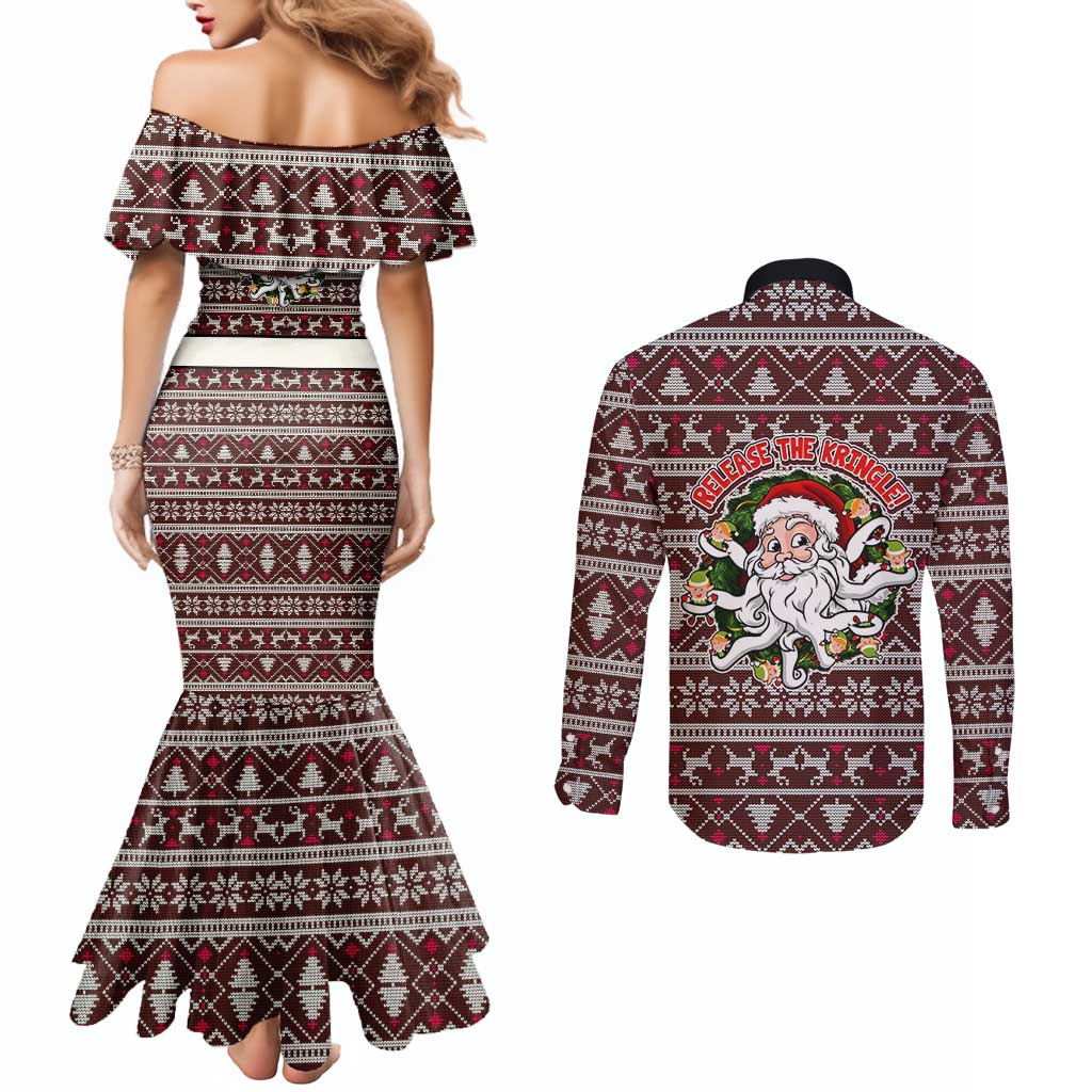 Funny Santa Claus Release The Kringle Christmas Couples Matching Mermaid Dress and Long Sleeve Button Shirt Xmas Holiday Patterns - Wonder Print Shop