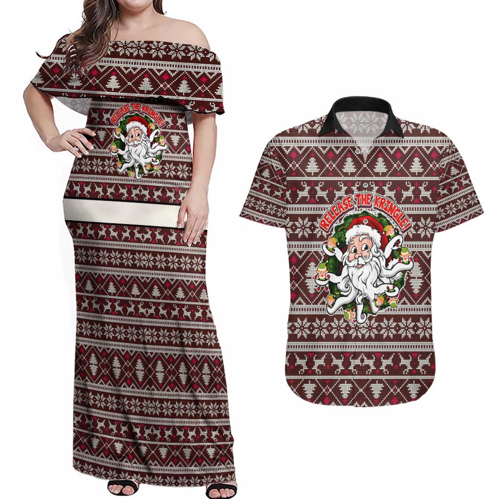 Funny Santa Claus Release The Kringle Christmas Couples Matching Off Shoulder Maxi Dress and Hawaiian Shirt Xmas Holiday Patterns - Wonder Print Shop