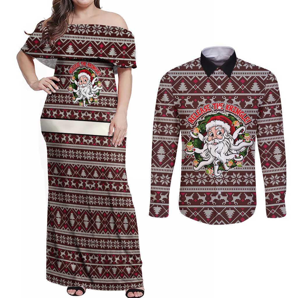 Funny Santa Claus Release The Kringle Christmas Couples Matching Off Shoulder Maxi Dress and Long Sleeve Button Shirt Xmas Holiday Patterns - Wonder Print Shop