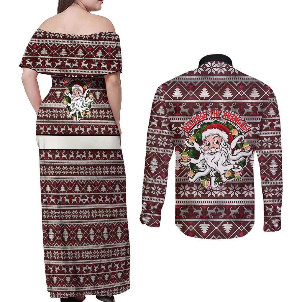 Funny Santa Claus Release The Kringle Christmas Couples Matching Off Shoulder Maxi Dress and Long Sleeve Button Shirt Xmas Holiday Patterns - Wonder Print Shop