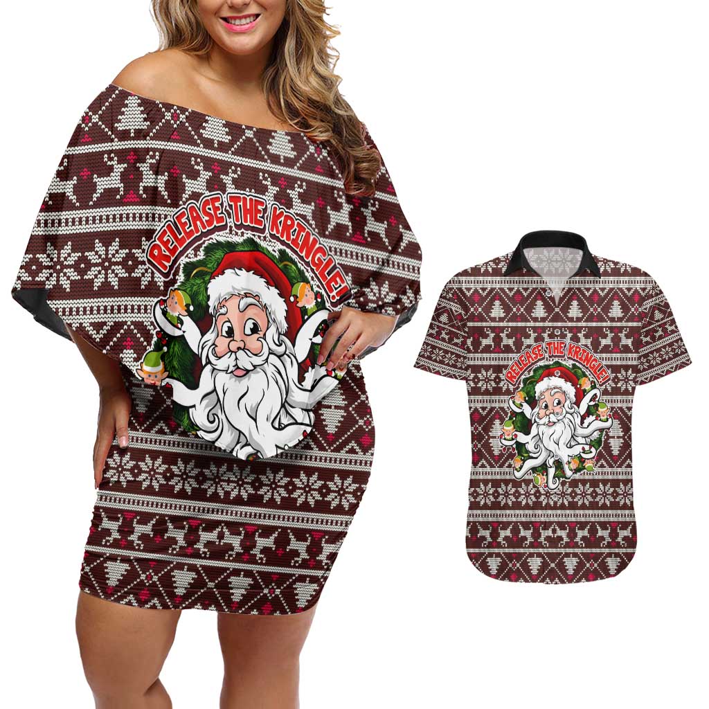 Funny Santa Claus Release The Kringle Christmas Couples Matching Off Shoulder Short Dress and Hawaiian Shirt Xmas Holiday Patterns - Wonder Print Shop