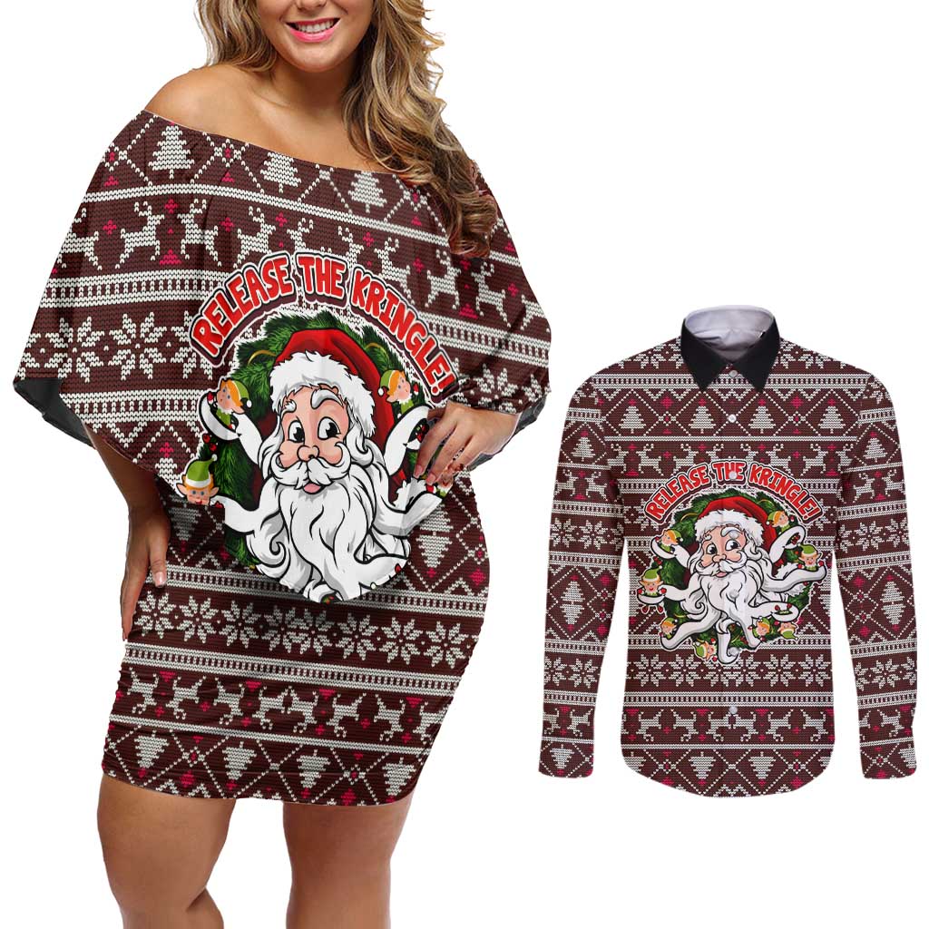 Funny Santa Claus Release The Kringle Christmas Couples Matching Off Shoulder Short Dress and Long Sleeve Button Shirt Xmas Holiday Patterns - Wonder Print Shop