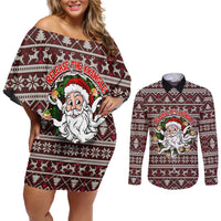 Funny Santa Claus Release The Kringle Christmas Couples Matching Off Shoulder Short Dress and Long Sleeve Button Shirt Xmas Holiday Patterns - Wonder Print Shop