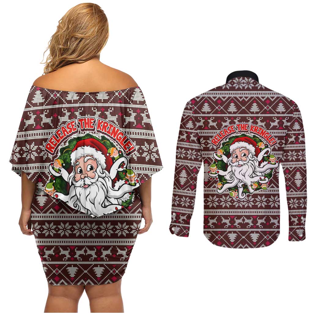 Funny Santa Claus Release The Kringle Christmas Couples Matching Off Shoulder Short Dress and Long Sleeve Button Shirt Xmas Holiday Patterns - Wonder Print Shop