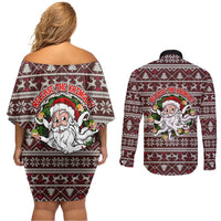 Funny Santa Claus Release The Kringle Christmas Couples Matching Off Shoulder Short Dress and Long Sleeve Button Shirt Xmas Holiday Patterns - Wonder Print Shop