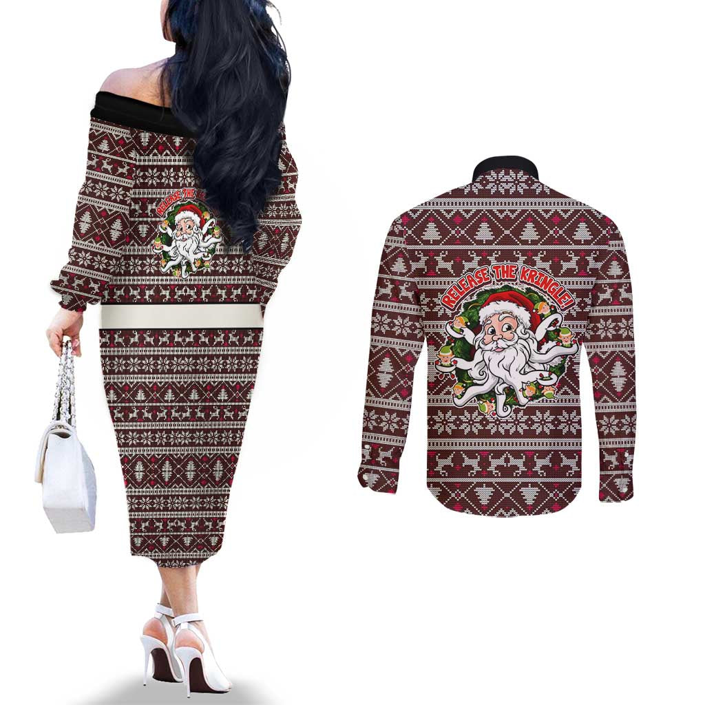 Funny Santa Claus Release The Kringle Christmas Couples Matching Off The Shoulder Long Sleeve Dress and Long Sleeve Button Shirt Xmas Holiday Patterns - Wonder Print Shop