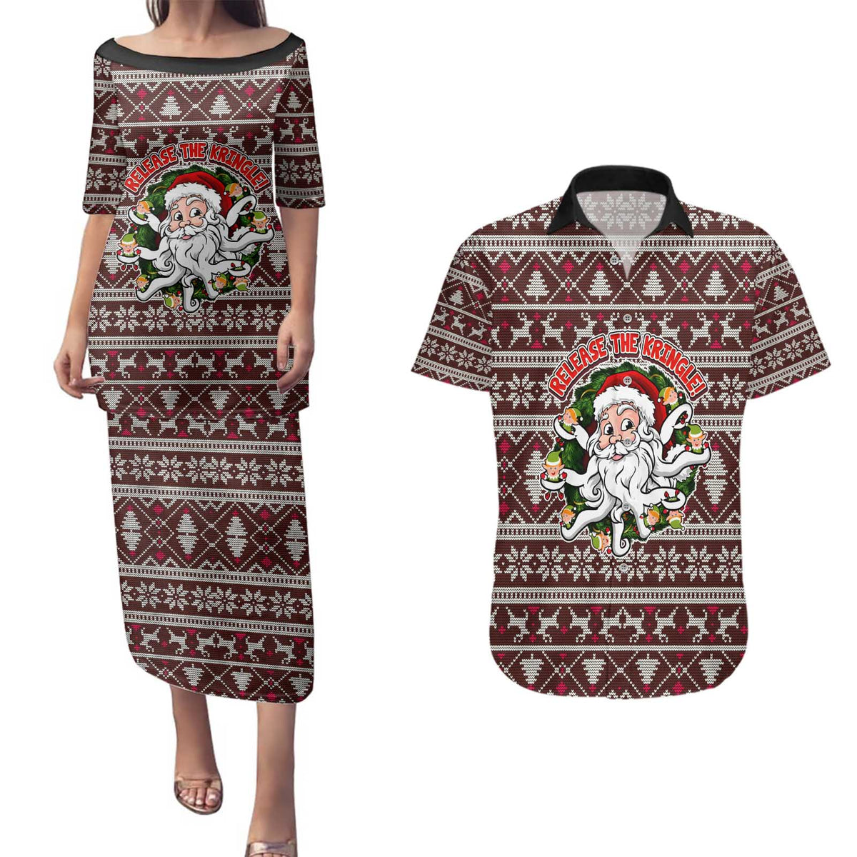 Funny Santa Claus Release The Kringle Christmas Couples Matching Puletasi and Hawaiian Shirt Xmas Holiday Patterns - Wonder Print Shop