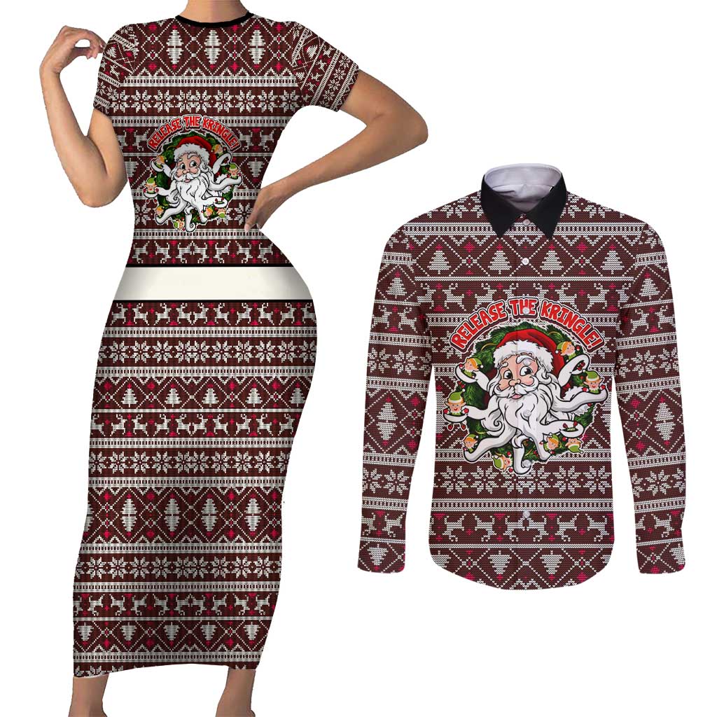 Funny Santa Claus Release The Kringle Christmas Couples Matching Short Sleeve Bodycon Dress and Long Sleeve Button Shirt Xmas Holiday Patterns - Wonder Print Shop