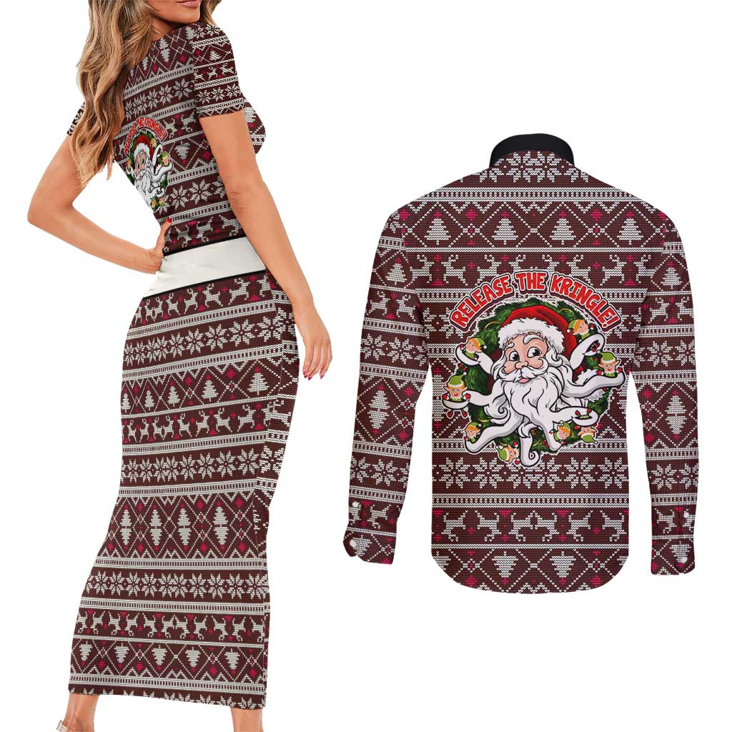 Funny Santa Claus Release The Kringle Christmas Couples Matching Short Sleeve Bodycon Dress and Long Sleeve Button Shirt Xmas Holiday Patterns - Wonder Print Shop