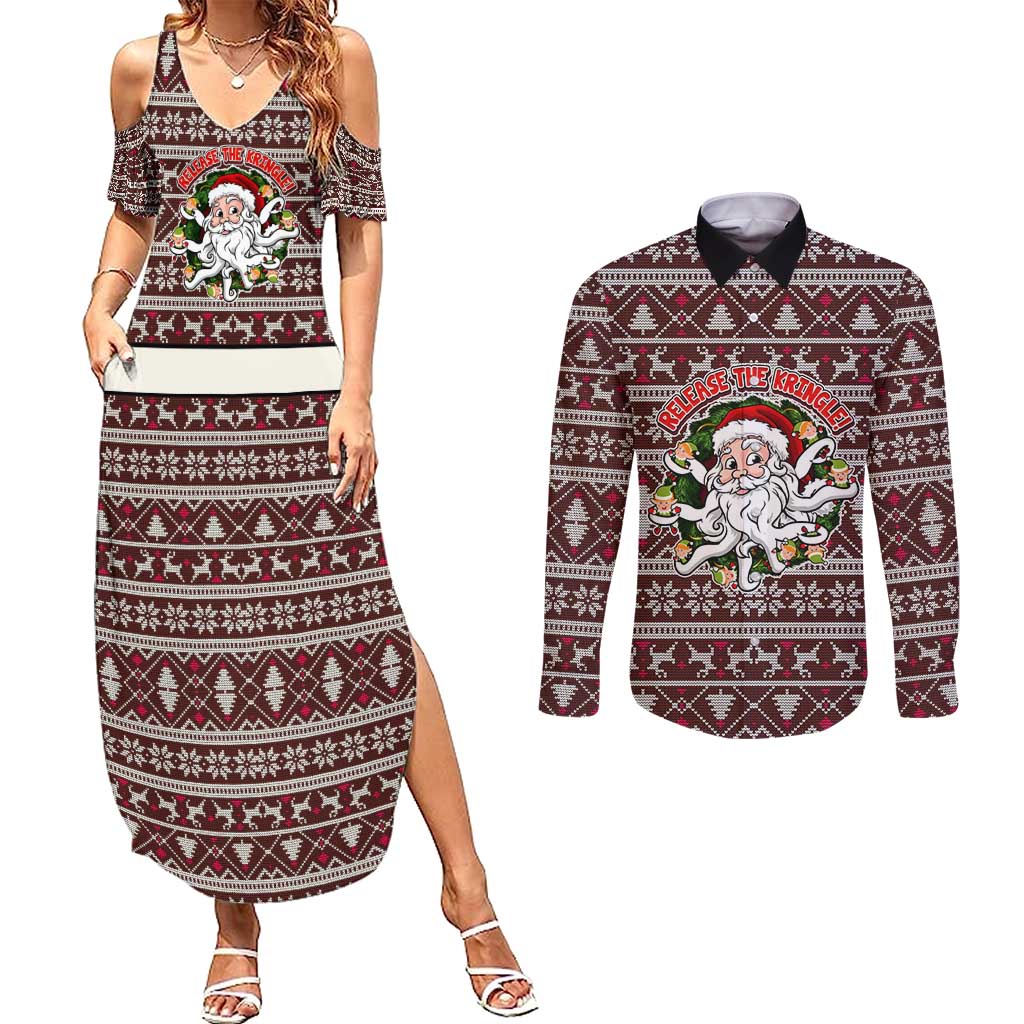Funny Santa Claus Release The Kringle Christmas Couples Matching Summer Maxi Dress and Long Sleeve Button Shirt Xmas Holiday Patterns - Wonder Print Shop