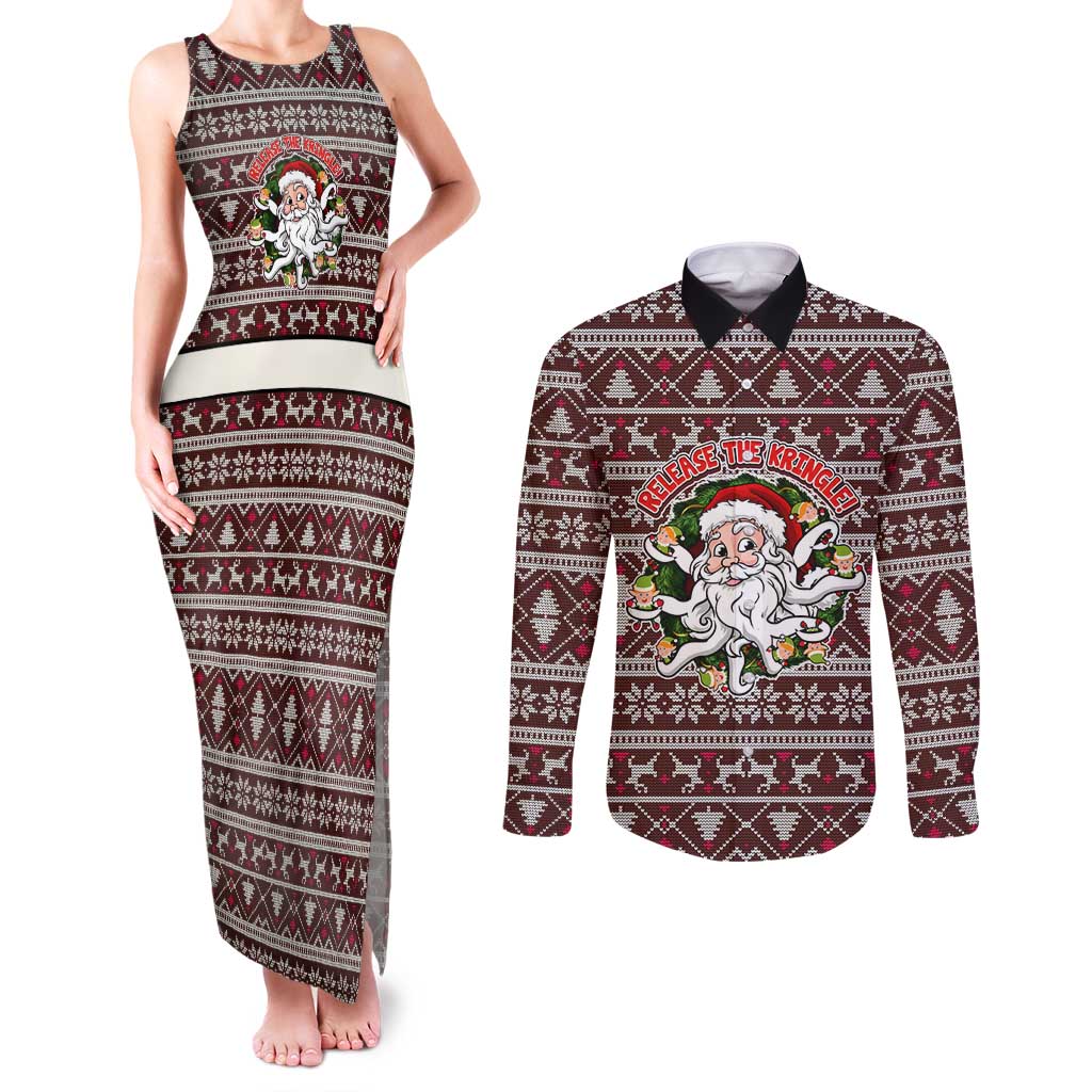 Funny Santa Claus Release The Kringle Christmas Couples Matching Tank Maxi Dress and Long Sleeve Button Shirt Xmas Holiday Patterns - Wonder Print Shop