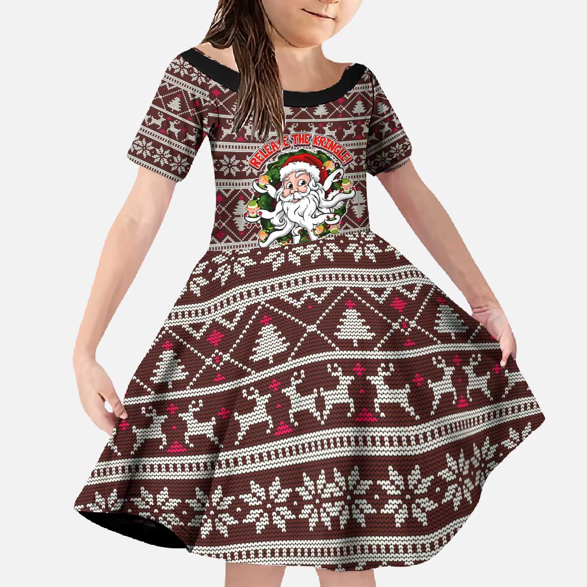 Funny Santa Claus Release The Kringle Christmas Family Matching Off The Shoulder Long Sleeve Dress and Hawaiian Shirt Xmas Holiday Patterns - Wonder Print Shop