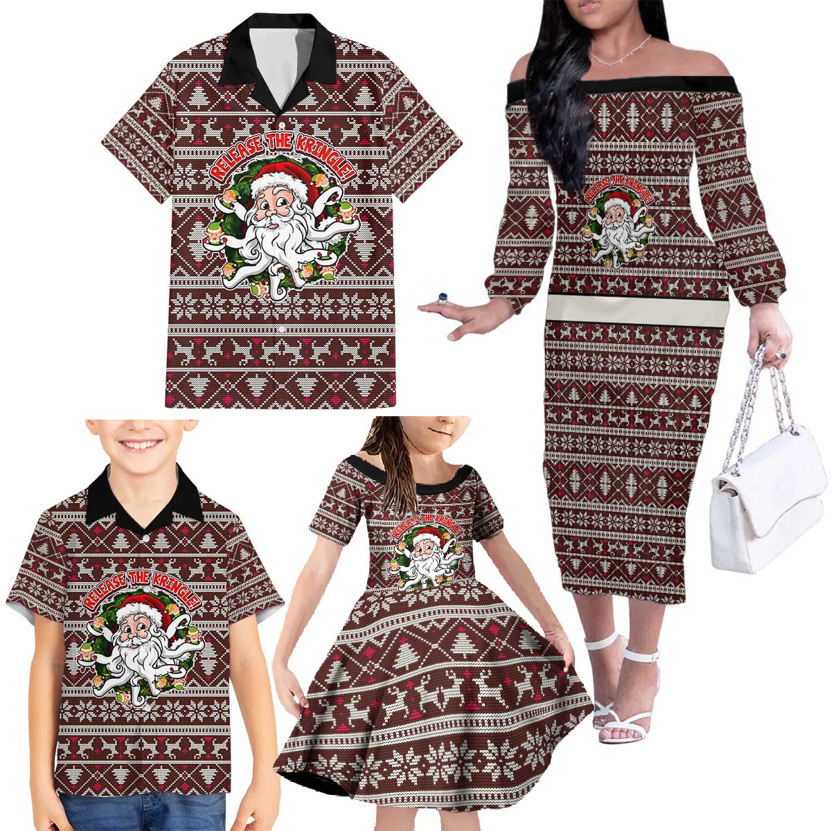 Funny Santa Claus Release The Kringle Christmas Family Matching Off The Shoulder Long Sleeve Dress and Hawaiian Shirt Xmas Holiday Patterns - Wonder Print Shop