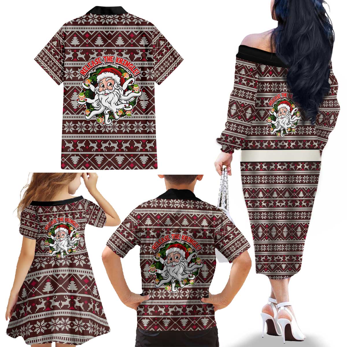 Funny Santa Claus Release The Kringle Christmas Family Matching Off The Shoulder Long Sleeve Dress and Hawaiian Shirt Xmas Holiday Patterns - Wonder Print Shop