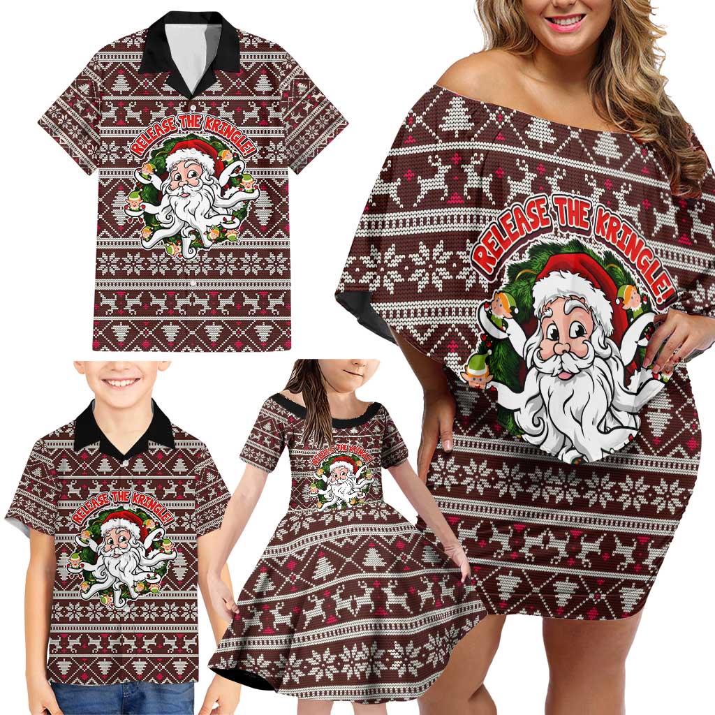 Funny Santa Claus Release The Kringle Christmas Family Matching Off Shoulder Short Dress and Hawaiian Shirt Xmas Holiday Patterns - Wonder Print Shop