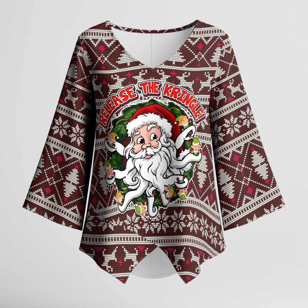 Funny Santa Claus Release The Kringle Christmas Kimono Sleeve Blouse Xmas Holiday Patterns - Wonder Print Shop