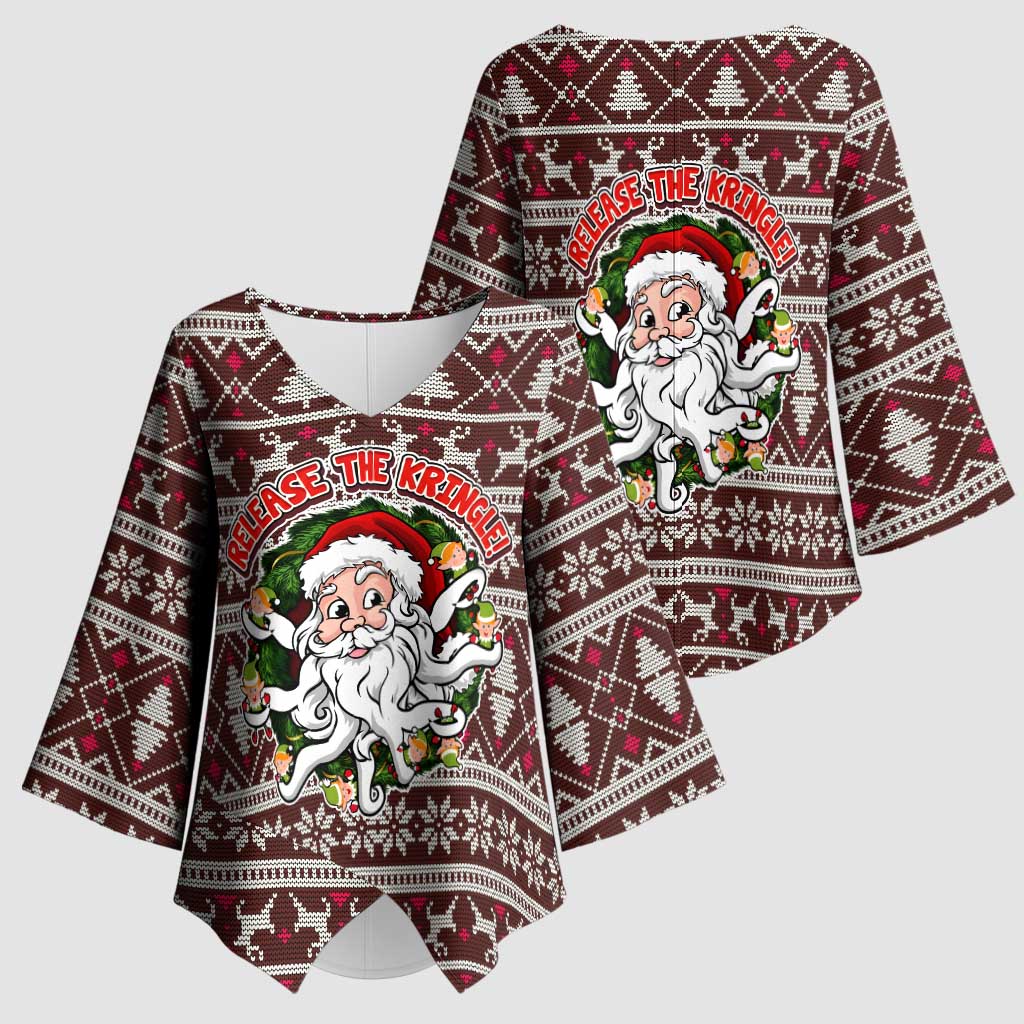 Funny Santa Claus Release The Kringle Christmas Kimono Sleeve Blouse Xmas Holiday Patterns - Wonder Print Shop
