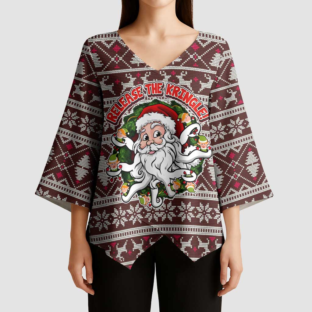 Funny Santa Claus Release The Kringle Christmas Kimono Sleeve Blouse Xmas Holiday Patterns - Wonder Print Shop