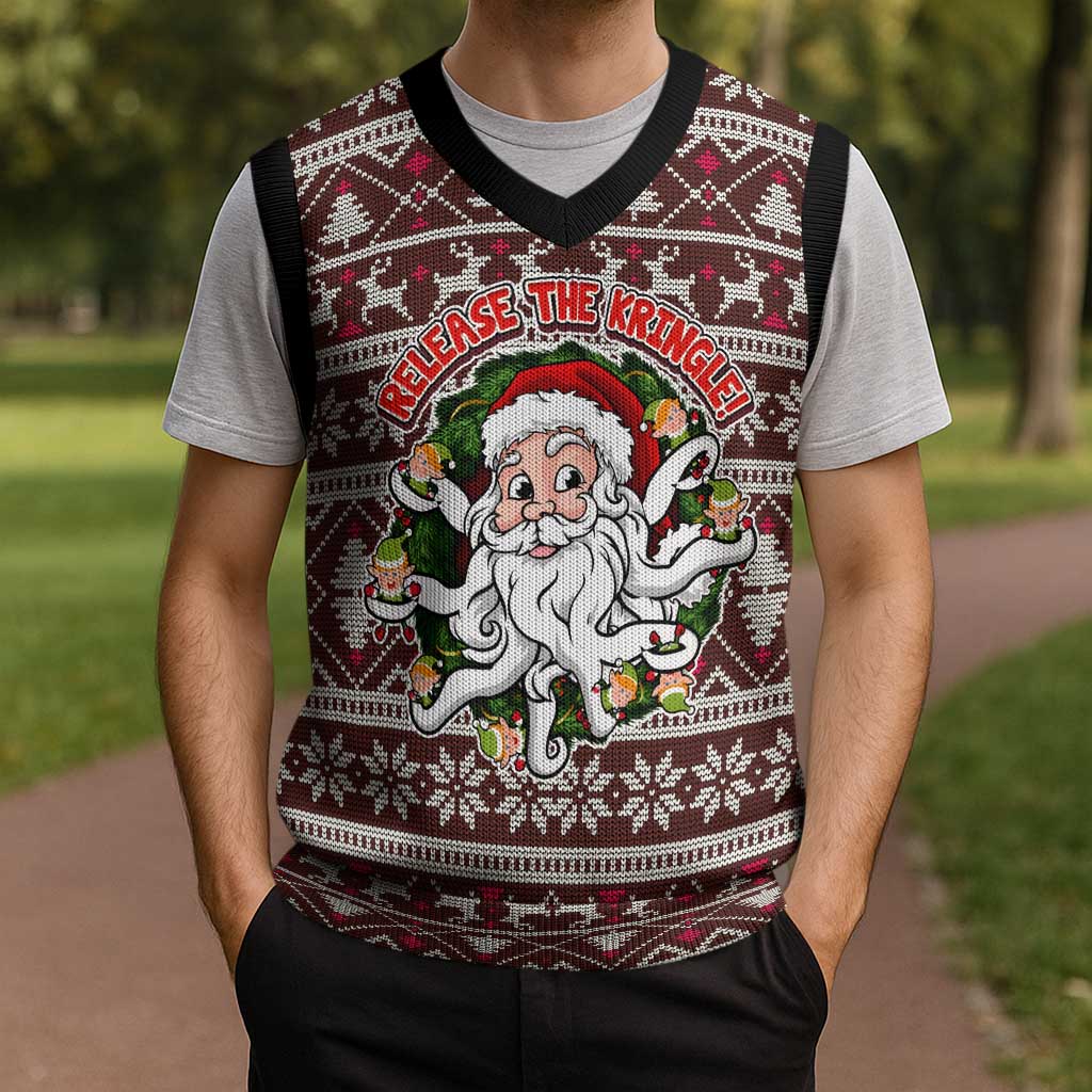 Funny Santa Claus Release The Kringle Christmas Knitted V-Neck Vest Xmas Holiday Patterns - Wonder Print Shop