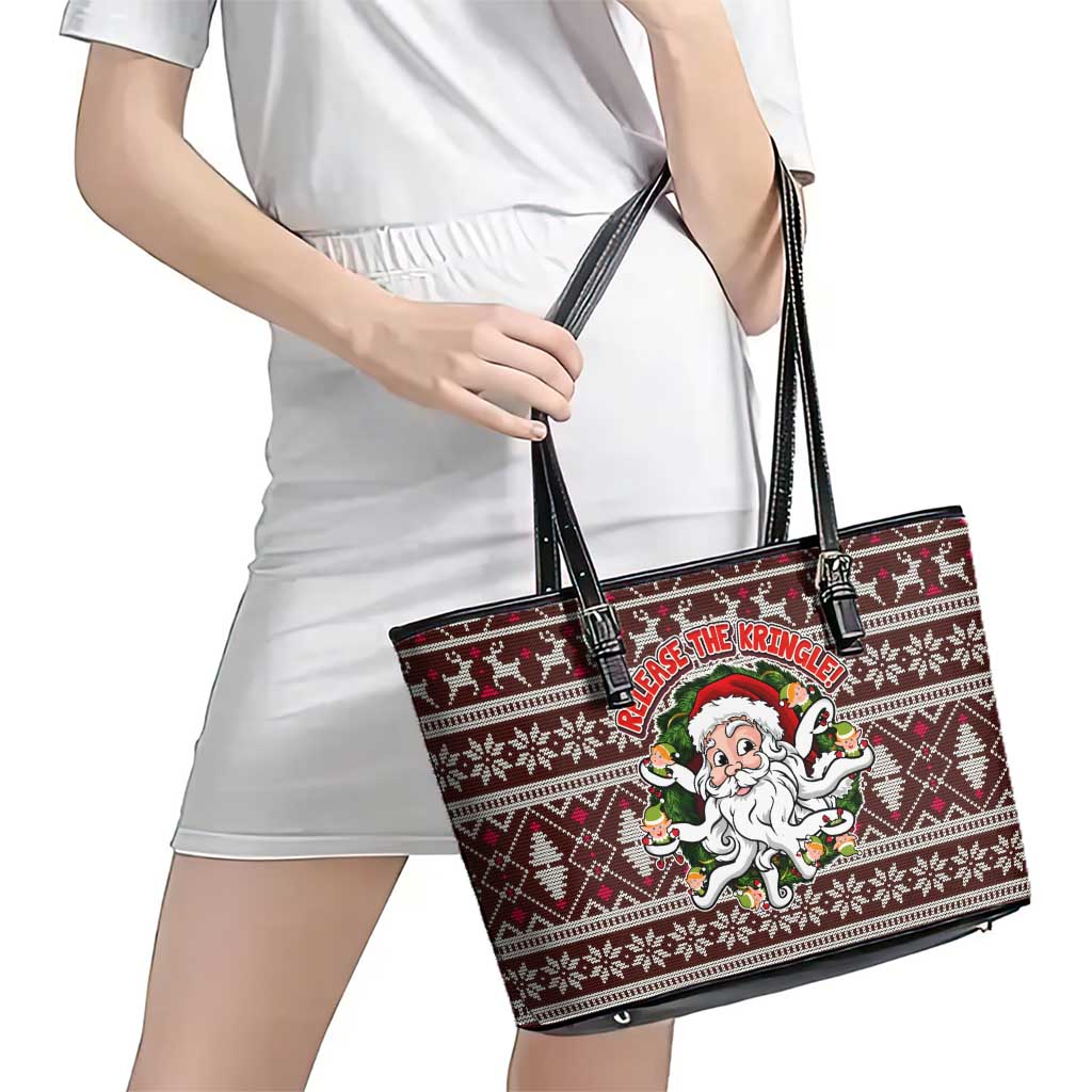 Funny Santa Claus Release The Kringle Christmas Leather Tote Bag Xmas Holiday Patterns - Wonder Print Shop
