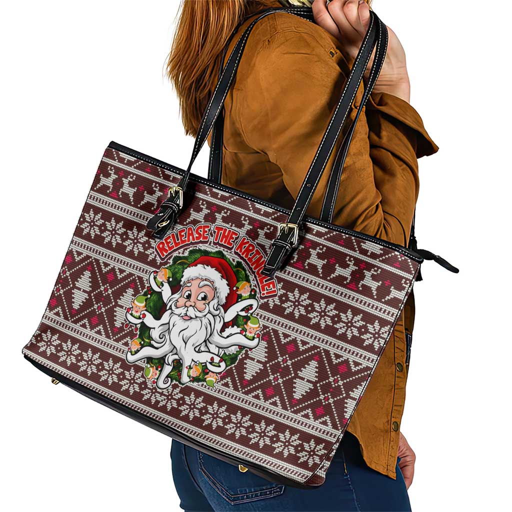 Funny Santa Claus Release The Kringle Christmas Leather Tote Bag Xmas Holiday Patterns - Wonder Print Shop